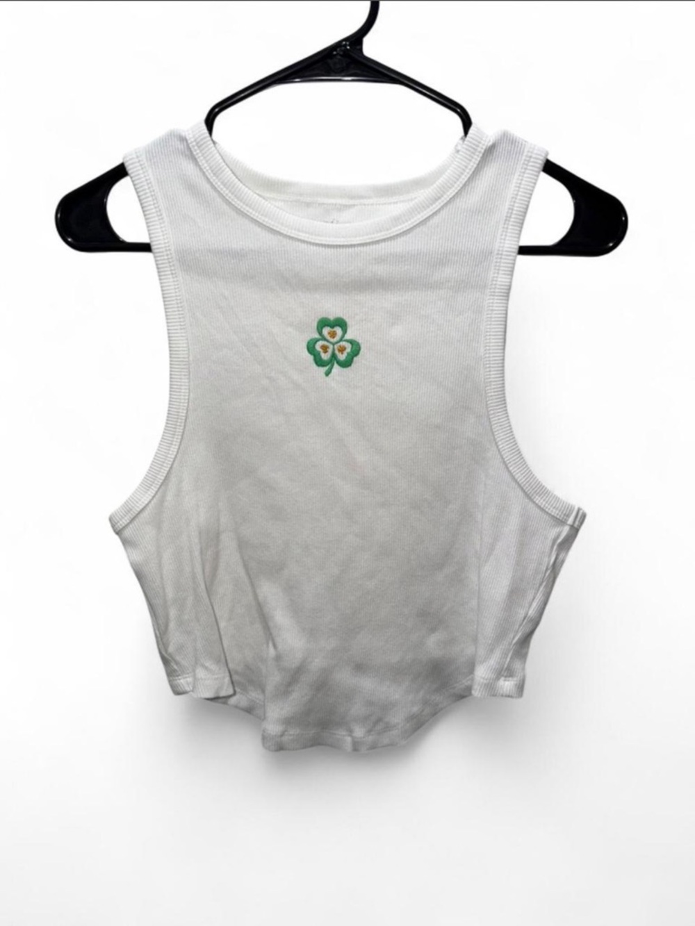 aerie White Ribbed Cropped Tank with Green Clover Motif